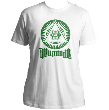 White Illuminati Unisex T-Shirt with golden eye triangle artwork and Illuminati typography by Garrari