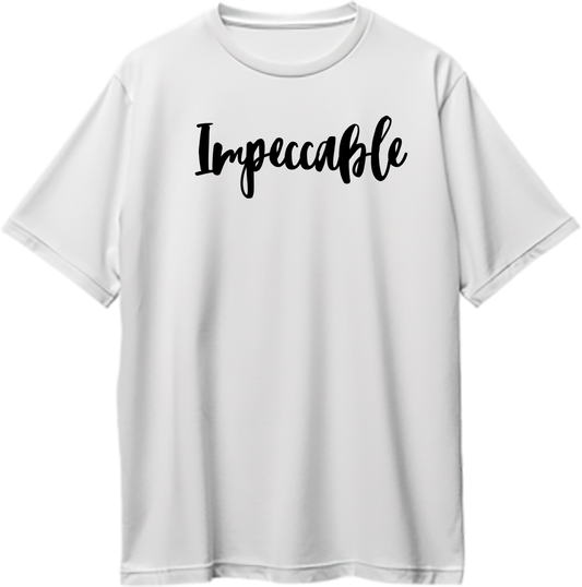 White Impeccable Oversized T-Shirt with clean minimal Impeccable typography by Garrari
