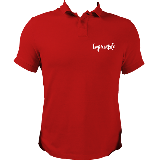 Red Impeccable Unisex Polo with white script typography chest print by Garrari