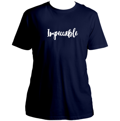 Navy Blue Impeccable Unisex T-Shirt with white Impeccable typography by Garrari