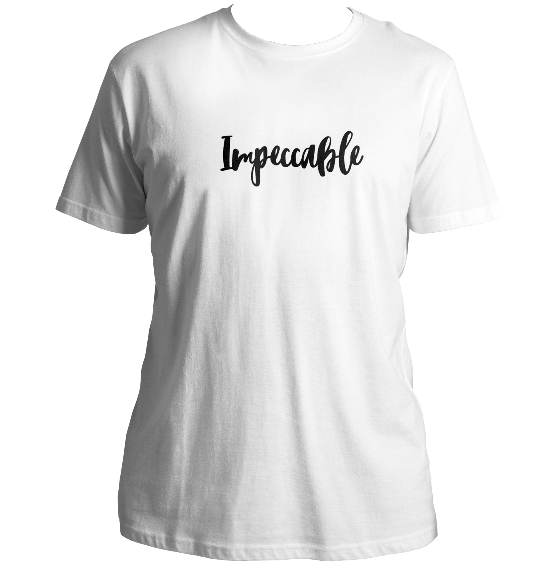 White Impeccable Unisex T-Shirt with minimal black typography by Garrari