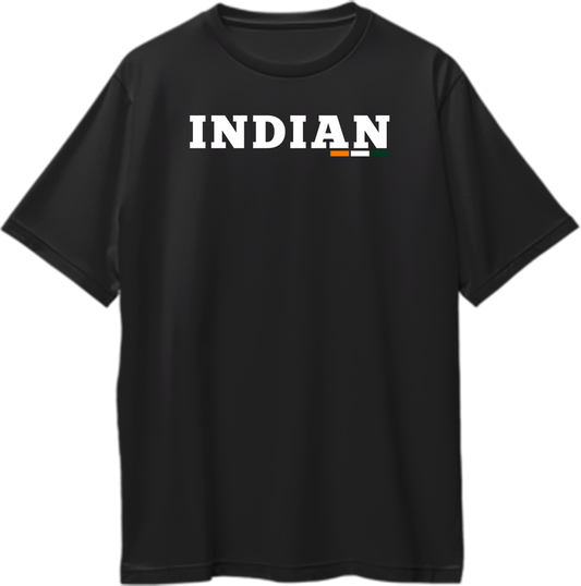 Black Indian Oversized T-Shirt with patriotic INDIAN typography and tricolour detail by Garrari