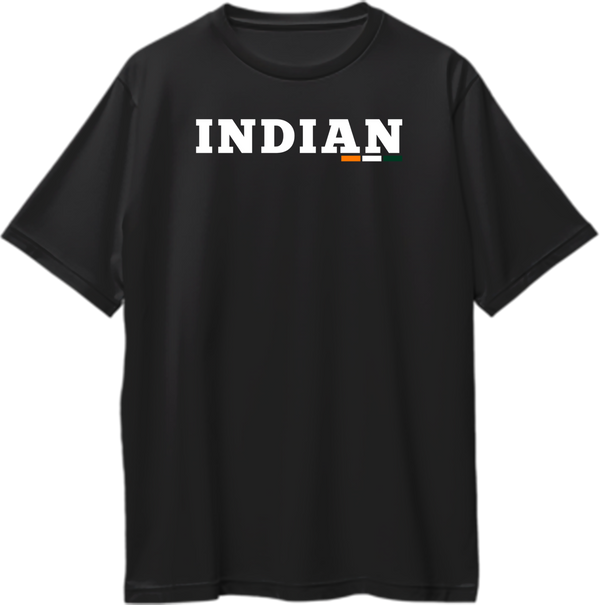 Black Indian Oversized T-Shirt with patriotic INDIAN typography and tricolour detail by Garrari