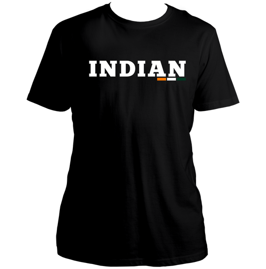 Black Indian Unisex T-Shirt with bold white typography and tricolour underline by Garrari