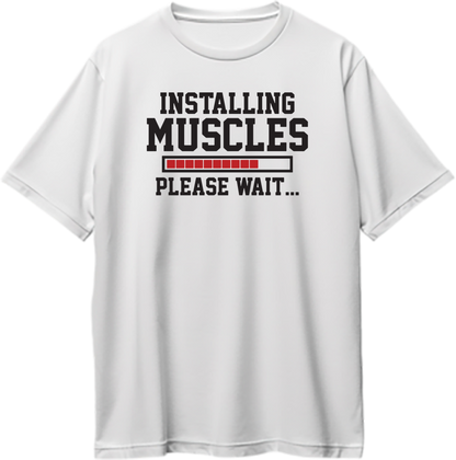 White Installing Muscles Oversized T-Shirt by Garrari with black and red loading bar gym graphic