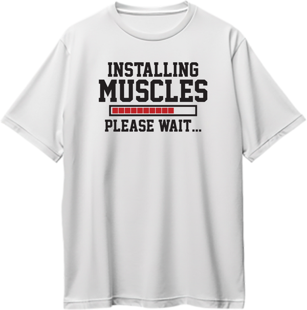 White Installing Muscles Oversized T-Shirt by Garrari with black and red loading bar gym graphic
