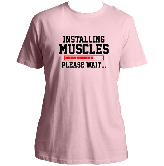 Baby Pink Installing Muscles Unisex T-Shirt by Garrari with loading bar gym graphic
