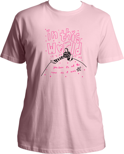 This unisex t-shirt features the popular Harry Styles song, "In This World". Music and Movie fans from all around the world will love this stylish piece of apparel and the impressive international appeal it brings. Perfect for any occasion, these tees from Garrari will make you feel like a true fan.