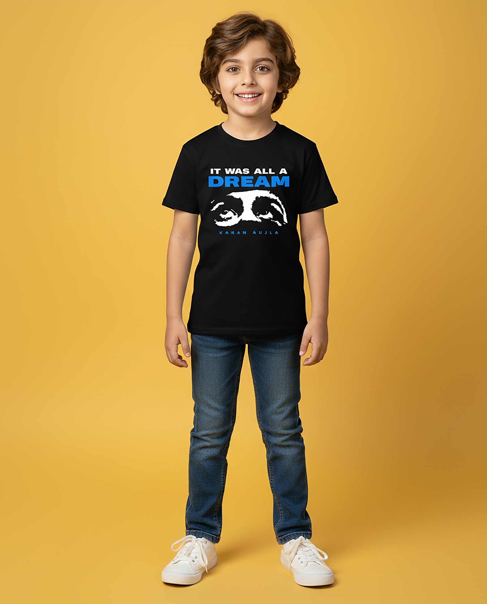 Kid wearing black ‘It Was All A Dream’ Karan Aujla T-Shirt – Garrari Unisex Kids Tee