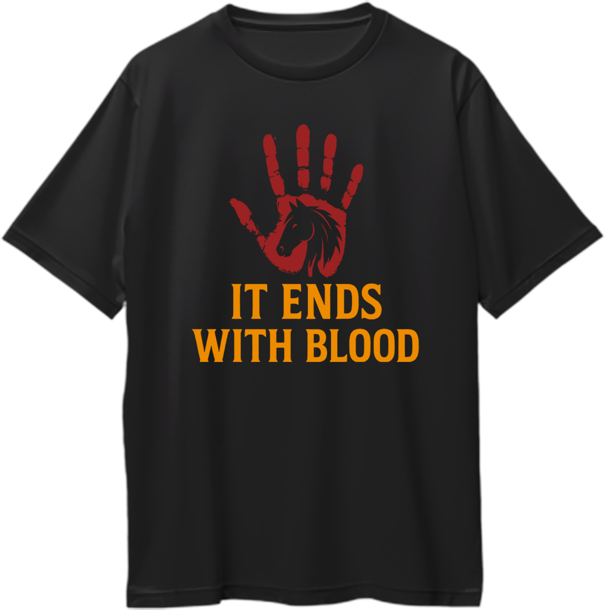 Black oversized t-shirt featuring red handprint with horse silhouette and text “It Ends With Blood” – Garrari RDR2 Collection.