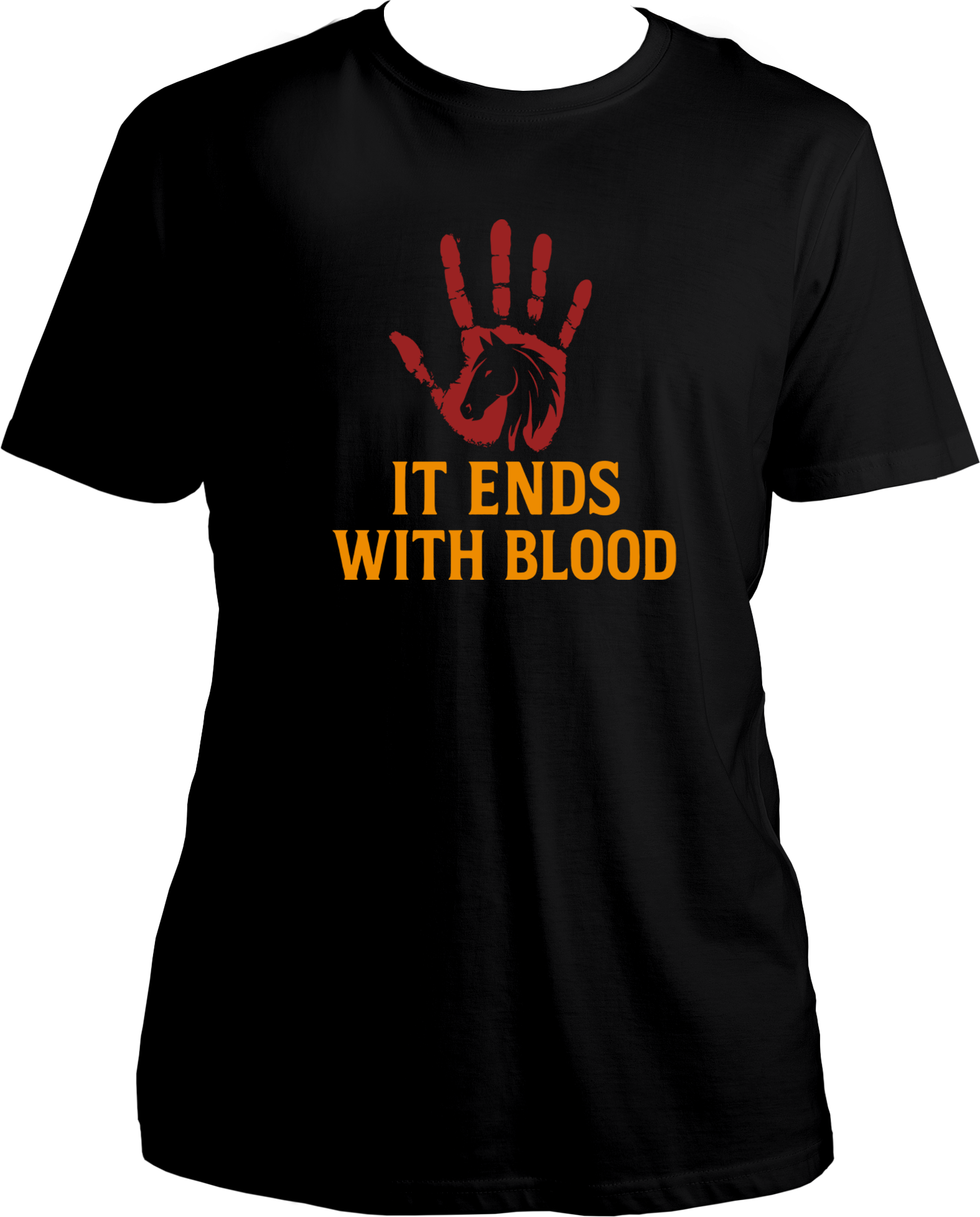 unisex t-shirt featuring red handprint and horse silhouette with text “It Ends With Blood” – Garrari RDR2 Collection.