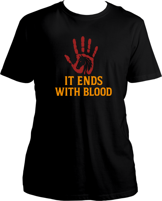 unisex t-shirt featuring red handprint and horse silhouette with text “It Ends With Blood” – Garrari RDR2 Collection.