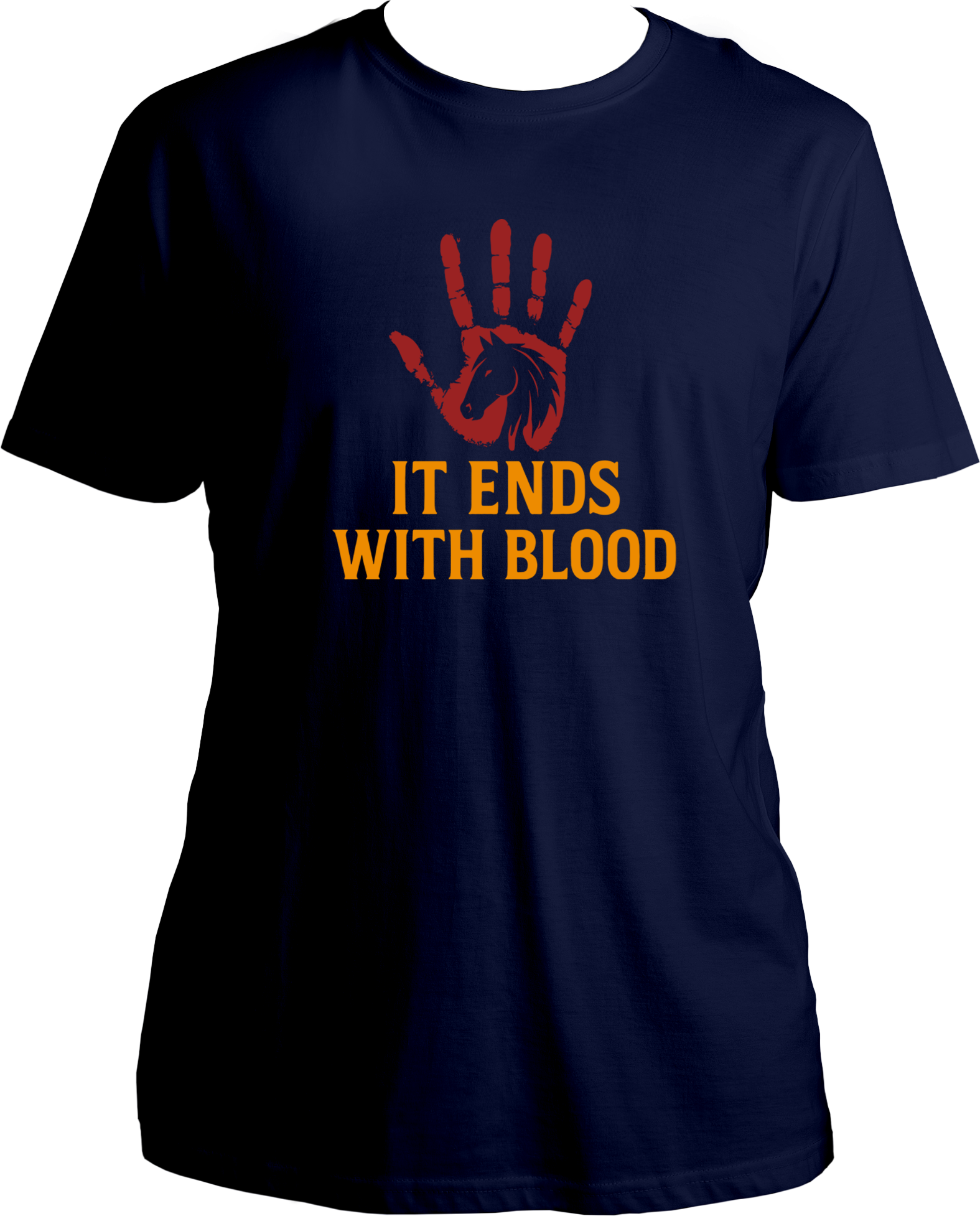 unisex t-shirt featuring red handprint and horse silhouette with text “It Ends With Blood” – Garrari RDR2 Collection.