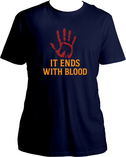 unisex t-shirt featuring red handprint and horse silhouette with text “It Ends With Blood” – Garrari RDR2 Collection.