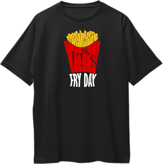 Black It's Fry Day Oversized T-Shirt with bright fries illustration and snack-lover print by Garrari