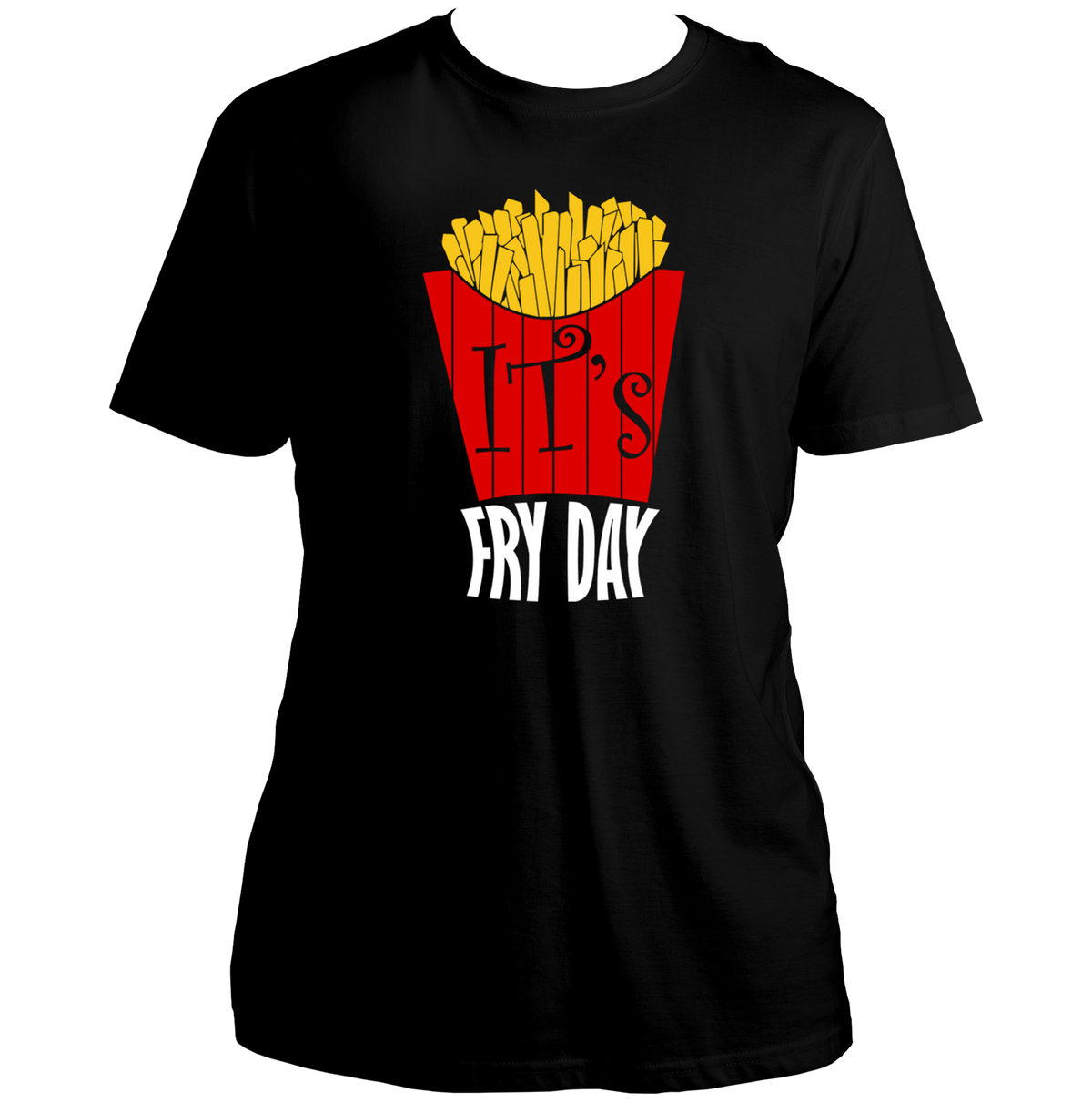 Black It's Fry Day Unisex T-Shirt with bright fries illustration and weekend foodie print by Garrari