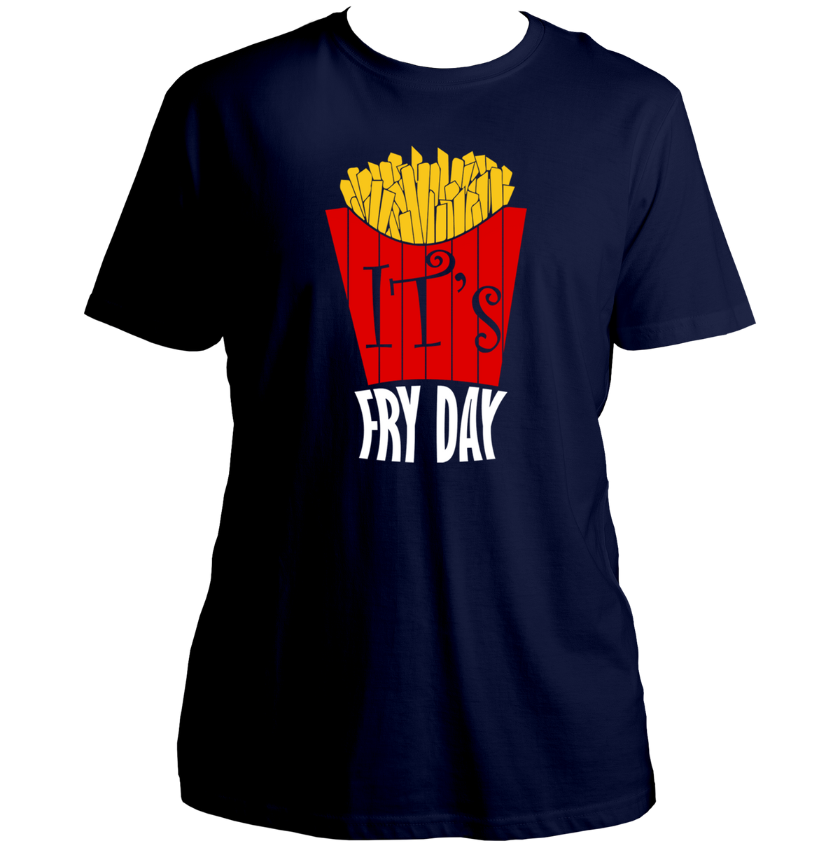 Navy Blue It's Fry Day Unisex T-Shirt with fries graphic and funny food pun by Garrari