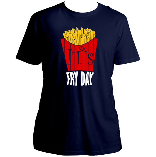 Navy Blue It's Fry Day Unisex T-Shirt with fries graphic and funny food pun by Garrari