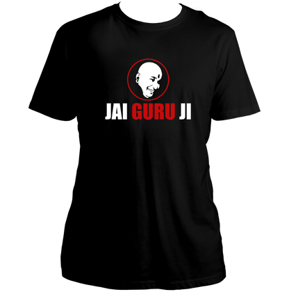 Black Jai Guru Ji unisex T-shirt with Guruji smiling face portrait print by Garrari