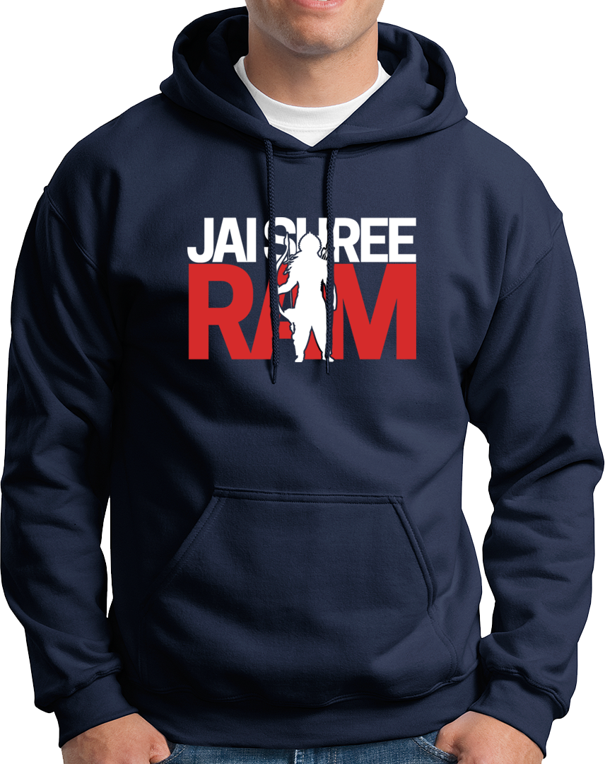 Navy Blue Jai Shree Ram unisex hoodie with Lord Rama bow devotional design by Garrari