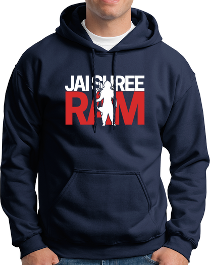 Navy Blue Jai Shree Ram unisex hoodie with Lord Rama bow devotional design by Garrari