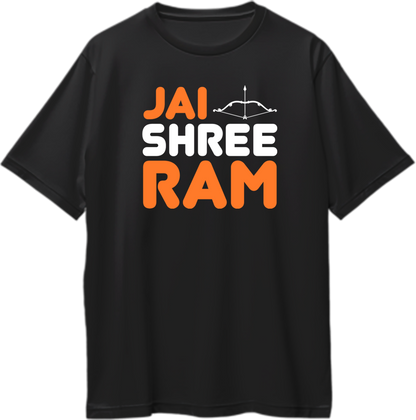Black Jai Shree Ram oversized T-shirt with bold Ram typography and bow print by Garrari