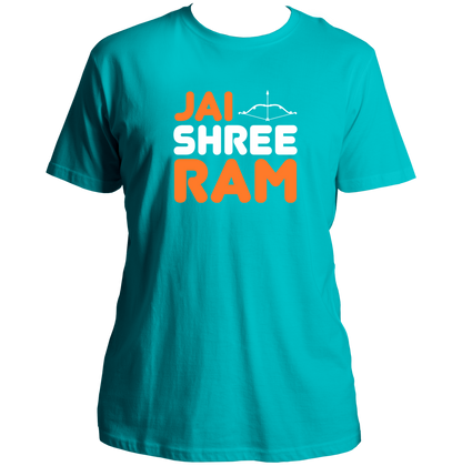 Aqua Blue Jai Shree Ram unisex T-shirt with bold Ram typography and bow print by Garrari