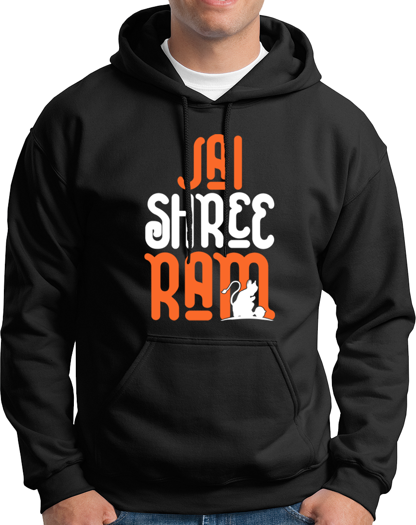 Black Jai Shree Ram unisex hoodie with Jai Shree Ram typography and Hanuman Ji silhouette by Garrari