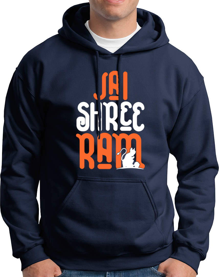 Navy Blue Jai Shree Ram unisex hoodie with Hanuman Ji devotional silhouette print by Garrari
