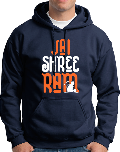 Navy Blue Jai Shree Ram unisex hoodie with Hanuman Ji devotional silhouette print by Garrari
