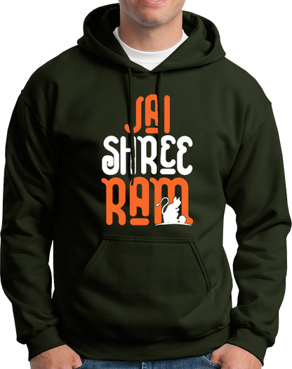 Olive Green Jai Shree Ram unisex hoodie with Ram Hanuman devotional print by Garrari