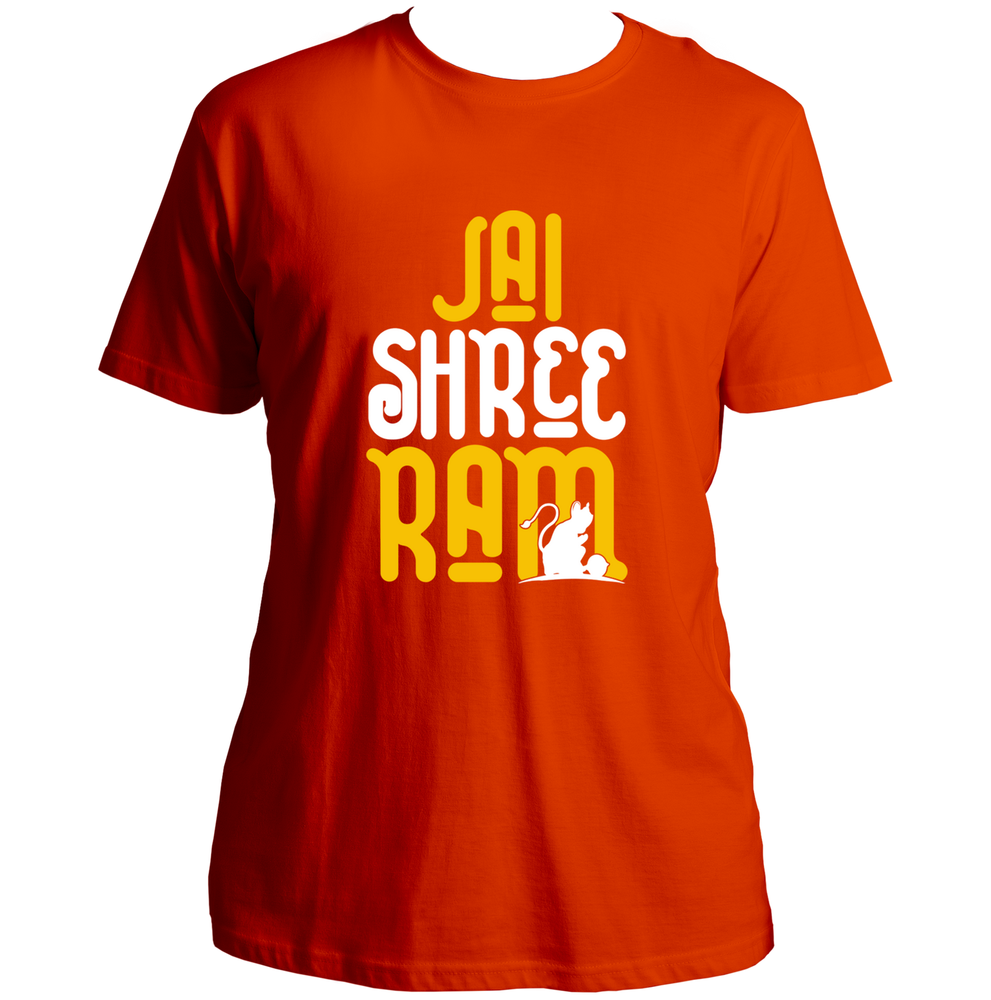 Orange Jai Shree Ram unisex T-shirt with Ram Hanuman devotional print by Garrari