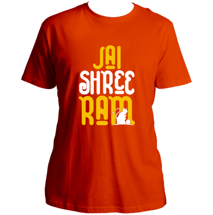 Orange Jai Shree Ram unisex T-shirt with Ram Hanuman devotional print by Garrari