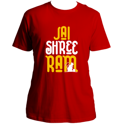 Red Jai Shree Ram unisex T-shirt with Jai Shree Ram typography and Hanuman Ji silhouette by Garrari