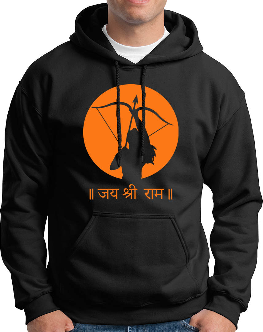 Black Jai Shree Ram unisex hoodie with saffron Rama bow print by Garrari