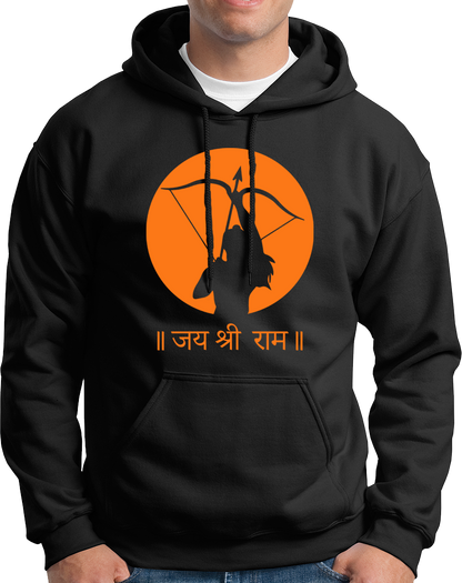 Black Jai Shree Ram unisex hoodie with saffron Rama bow print by Garrari