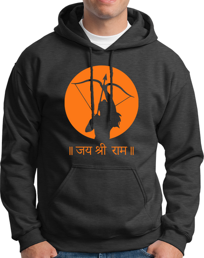 Dark Grey Jai Shree Ram unisex hoodie with Hindi जय श्री राम devotional print by Garrari
