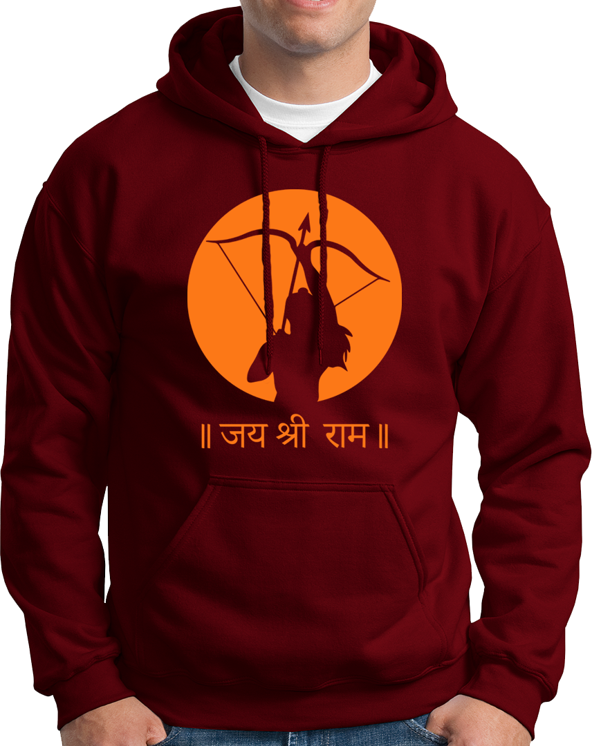 Maroon Jai Shree Ram unisex hoodie with Lord Rama bow artwork by Garrari