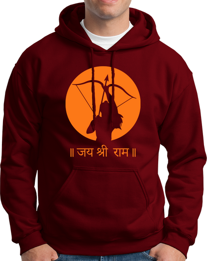 Maroon Jai Shree Ram unisex hoodie with Lord Rama bow artwork by Garrari