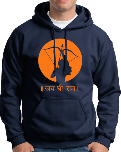 Navy Blue Jai Shree Ram unisex hoodie with Lord Rama bow silhouette by Garrari