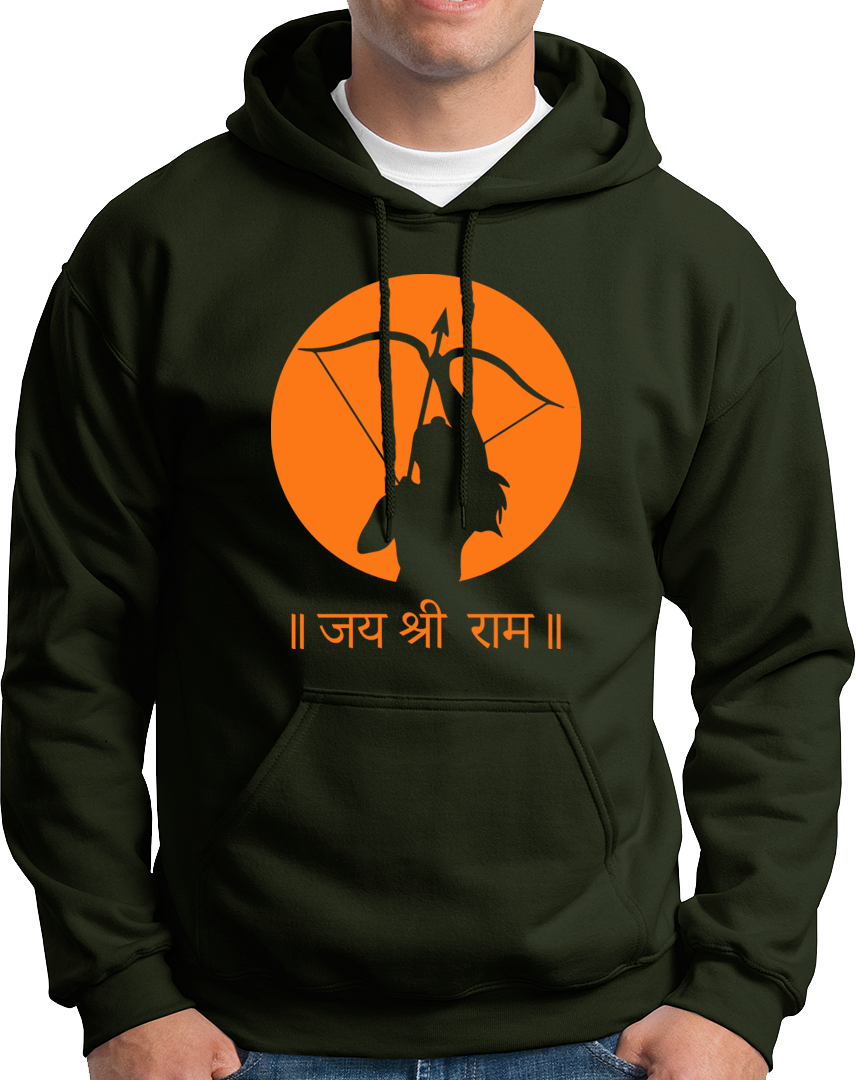 Olive Green Jai Shree Ram unisex hoodie with Shree Ram devotional print by Garrari