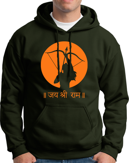 Olive Green Jai Shree Ram unisex hoodie with Shree Ram devotional print by Garrari