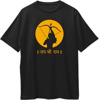 Black Jai Shree Ram oversized T-shirt with Lord Rama bow silhouette and Hindi जय श्री राम print by Garrari