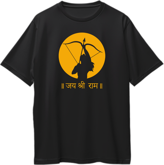 Jai Shri Ram oversized unisex t-shirt with spiritual design featuring Shri Ram mantra, perfect for devotees seeking comfort and style.