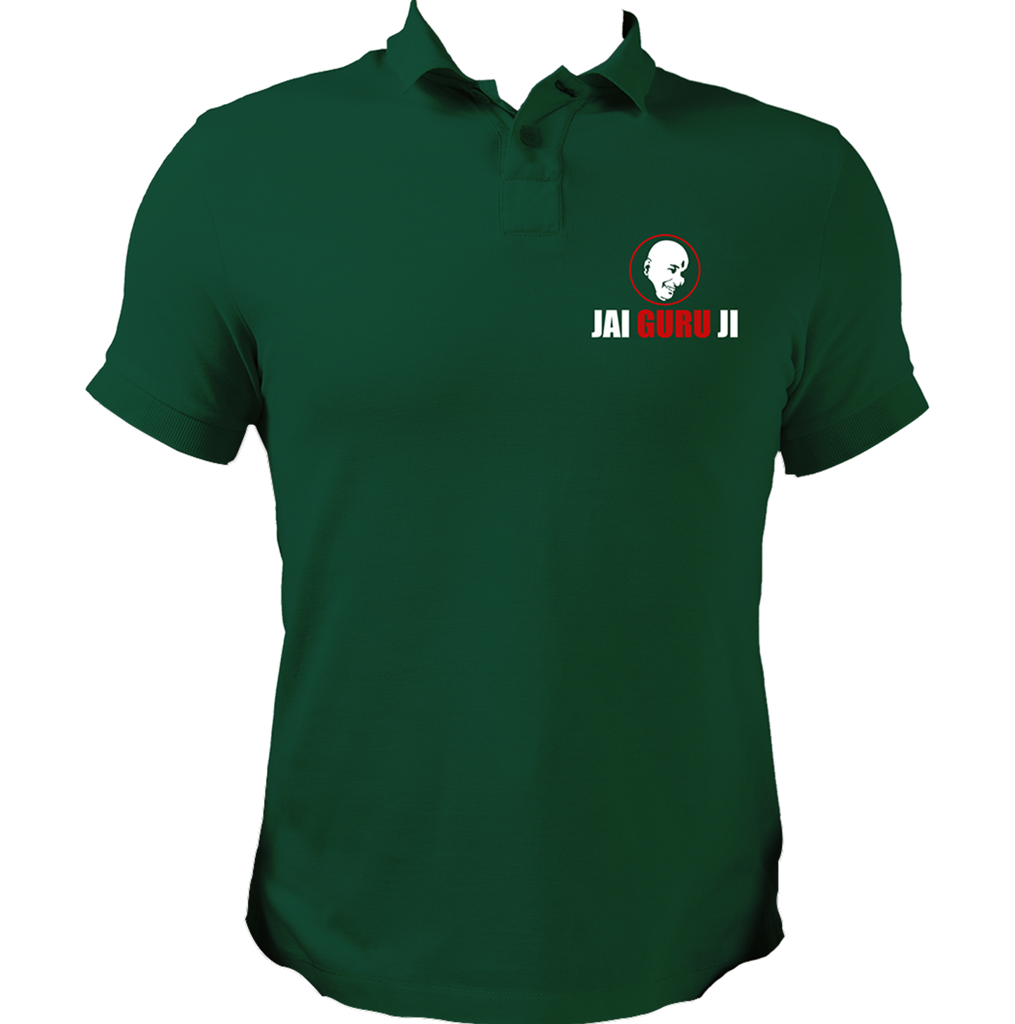 Dark Green Jai Guru Ji polo T-shirt with Guruji smiling face portrait by Garrari