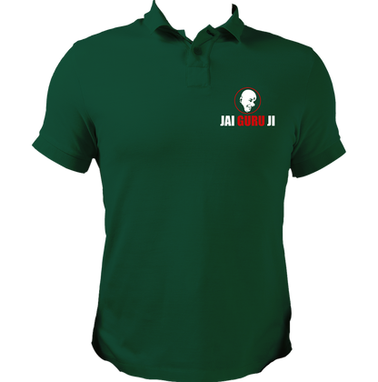Dark Green Jai Guru Ji polo T-shirt with Guruji smiling face portrait by Garrari