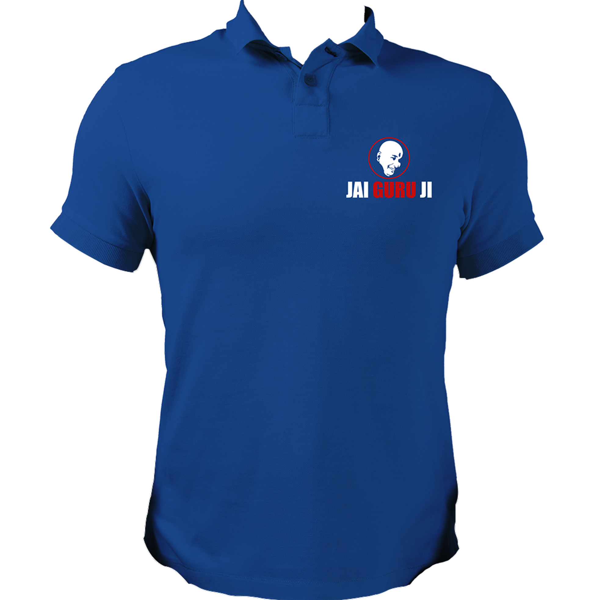 Royal Blue Jai Guru Ji polo T-shirt with pocket-side Guruji devotional print by Garrari