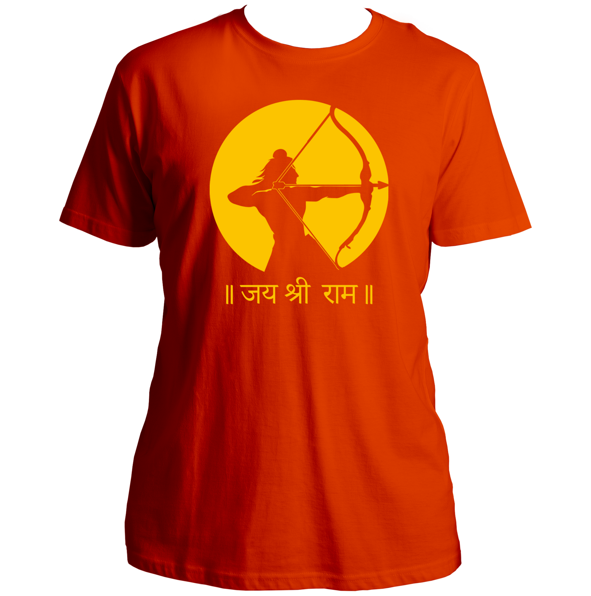Orange Jai Shree Ram unisex T-shirt with saffron flag devotional print by Garrari