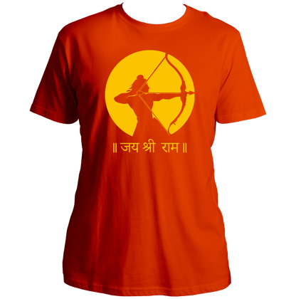 Orange Jai Shree Ram unisex T-shirt with saffron flag devotional print by Garrari