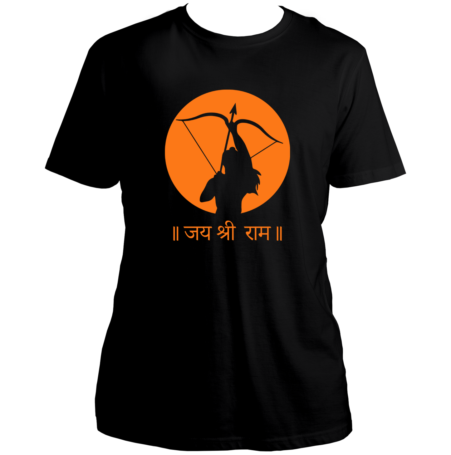 Black Jai Shree Ram unisex T-shirt with saffron Rama bow print by Garrari